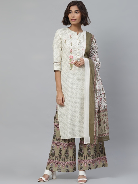 

Yuris Women White & Olive Green Ethnic Motifs Printed Kurta with Palazzos & Dupatta