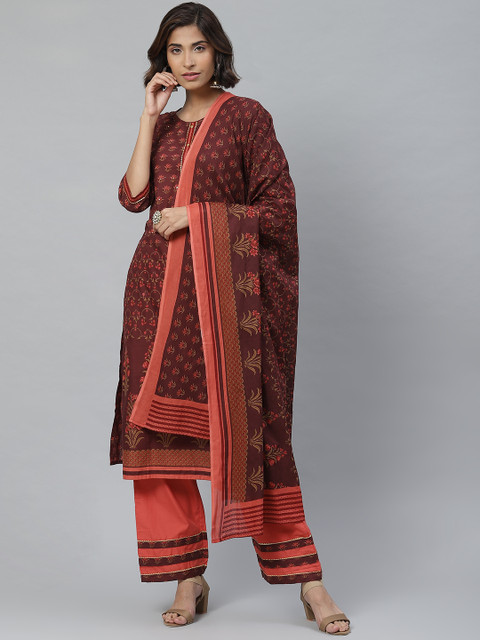 

Yuris Women Burgundy & Peach-Coloured Printed Kurta with Palazzos & Dupatta