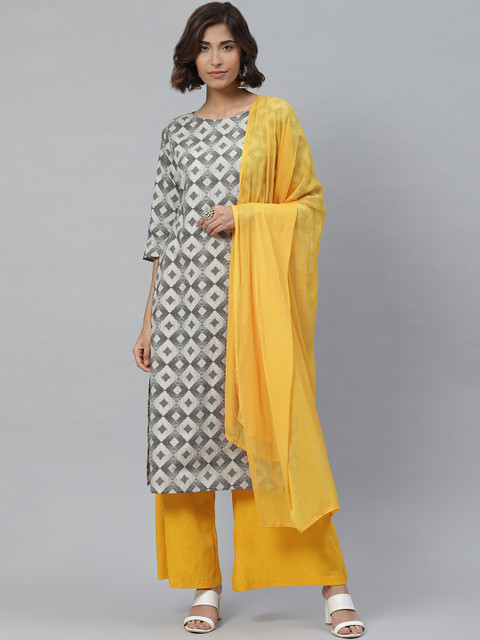 

Yuris Women Black & Yellow Printed Kurta with Palazzos & Dupatta