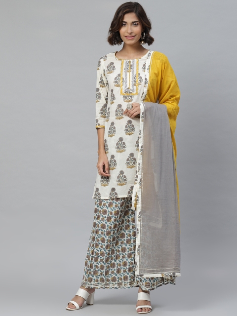 

Yuris Women White & Grey Ethnic Motifs Printed Kurta with Palazzos & Dupatta