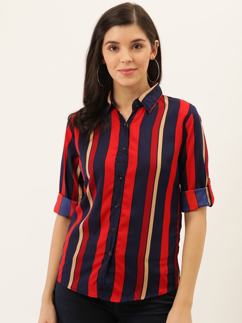

Darzi Women Red & Navy Blue Regular Fit Striped Formal Shirt