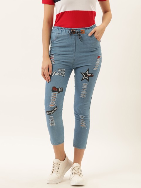 

Darzi Women Blue Regular Fit Mid-Rise Mildly Distressed Printed Stretchable Cropped Jeans