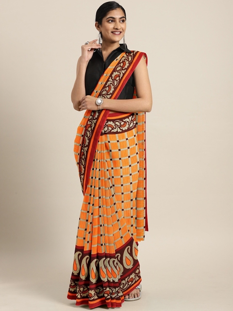 

KALINI Orange & Beige Pure Georgette Checked Saree