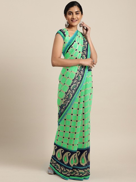 

KALINI Green & Beige Pure Georgette Checked Saree