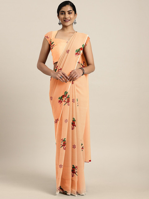 

KALINI Peach-Coloured & Red Pure Georgette Floral Printed Saree