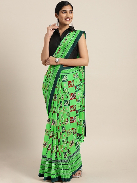 

KALINI Fluorescent Green & Red Pure Georgette Ethnic Printed Saree