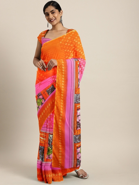 

KALINI Orange & Pink Pure Georgette Abstract Printed Saree