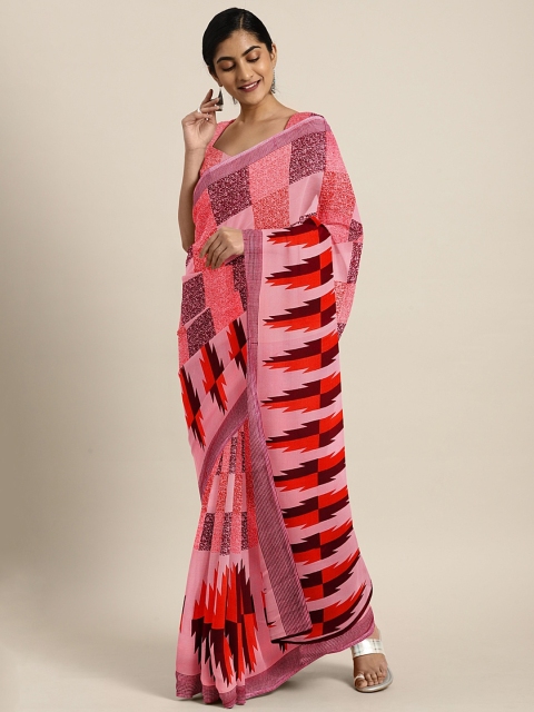 

KALINI Pink & Maroon Pure Georgette Checked Saree
