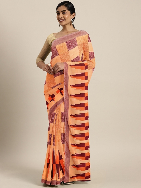 

KALINI Orange & Burgundy Pure Georgette Geometric Printed Saree