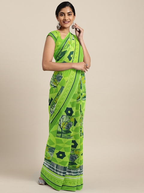 

KALINI Green Floral Printed Pure Georgette Saree