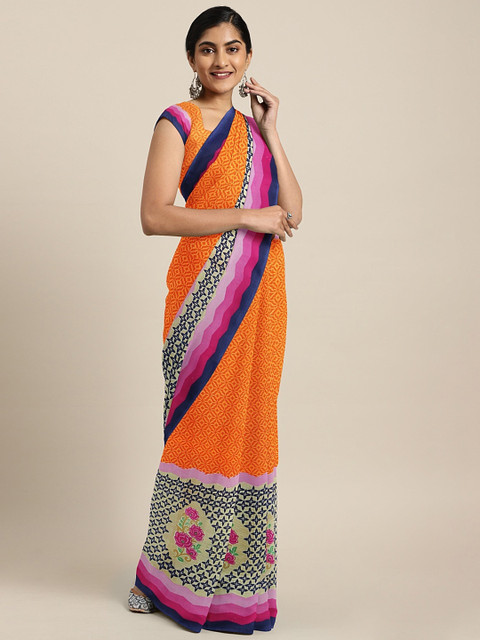 

KALINI Orange & Grey Pure Georgette Ethnic Printed Saree