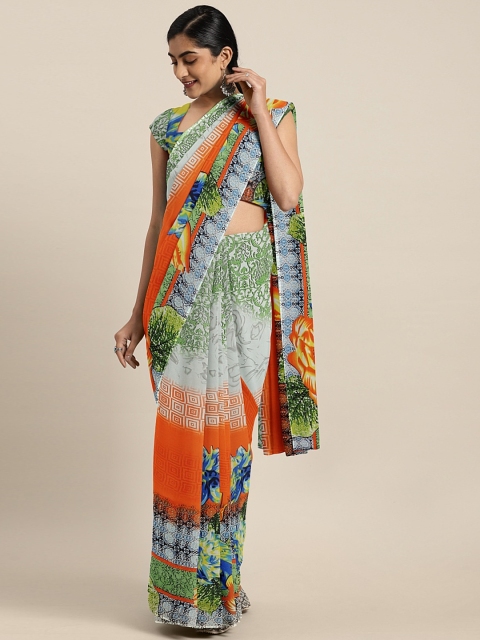 

KALINI Orange & Green Pure Georgette Printed Saree