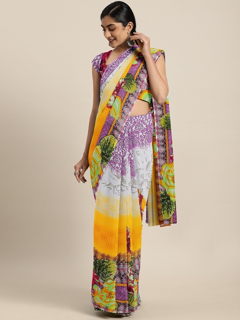 

KALINI Yellow & Purple Pure Georgette Floral Printed Saree