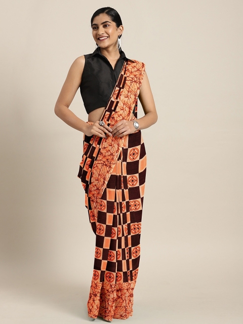 

KALINI Peach-Coloured & Coffee Brown Pure Georgette Checked Saree