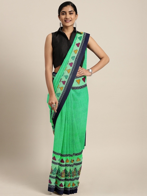 

KALINI Green & Navy Blue Pure Georgette Printed Celebrity Saree