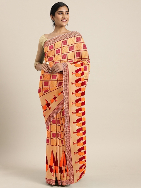 

KALINI Orange & Pink Pure Georgette Checked Celebrity Saree