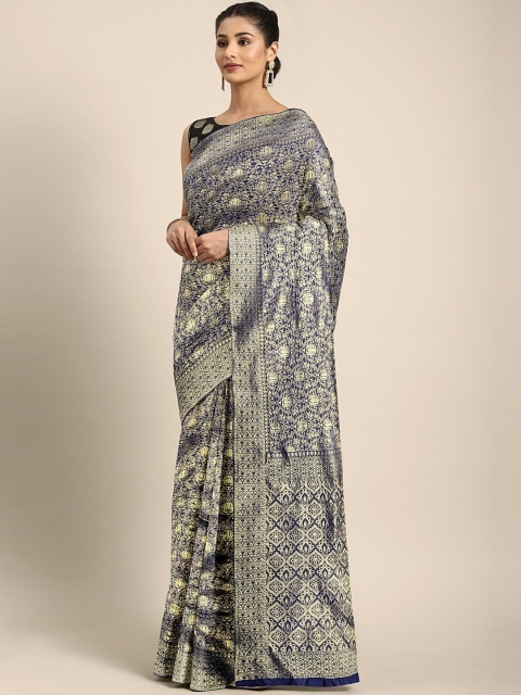 

KALINI Navy Blue & Gold-Toned Silk Blend Woven Design Saree