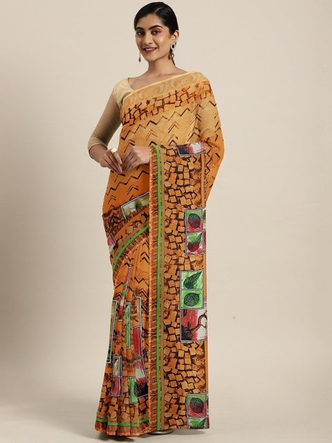 

KALINI Rust Orange & Green Pure Georgette Printed Celebrity Saree