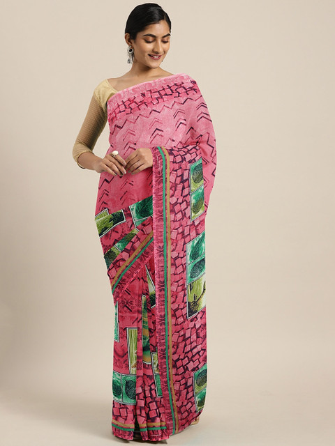 

KALINI Pink & Green Pure Georgette Printed Saree