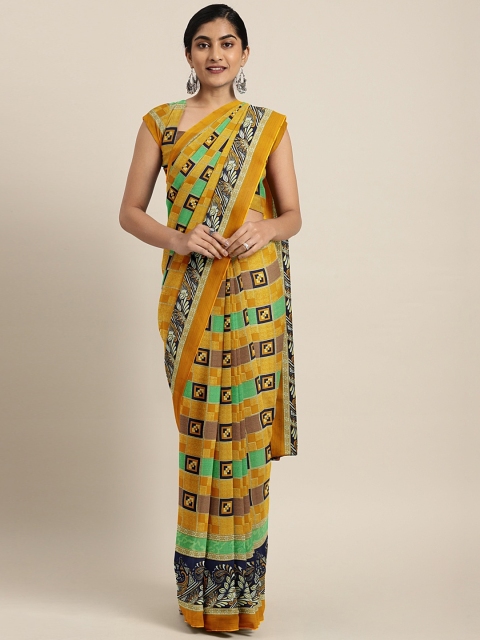

KALINI Mustard Yellow & Green Pure Georgette Checked Saree