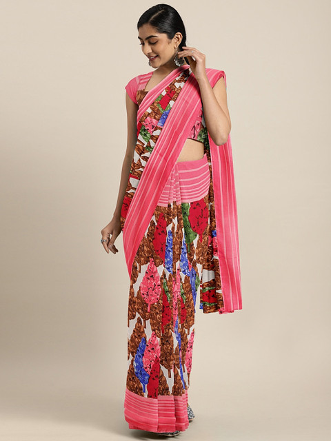 

KALINI Pink & Brown Pure Georgette Printed Saree