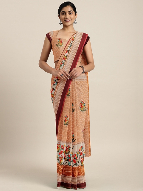 

KALINI Peach-Coloured & Red Pure Georgette Floral Printed Saree