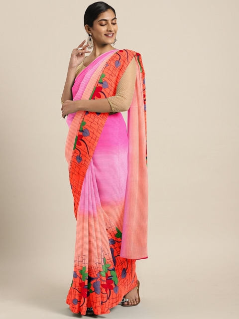 

KALINI Pink & Peach-Coloured Pure Georgette Striped Saree with Printed Border