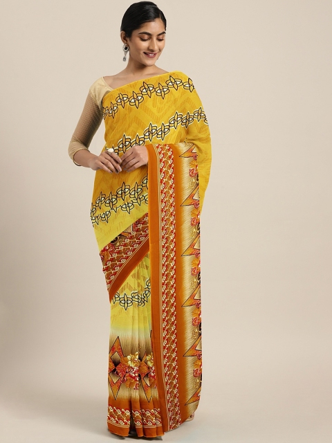 

KALINI Yellow & Brown Pure Georgette Printed Saree