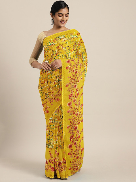 

KALINI Mustard Yellow & Red Pure Georgette Printed Saree