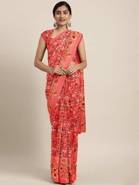 

KALINI Peach-Coloured Printed Pure Georgette Saree