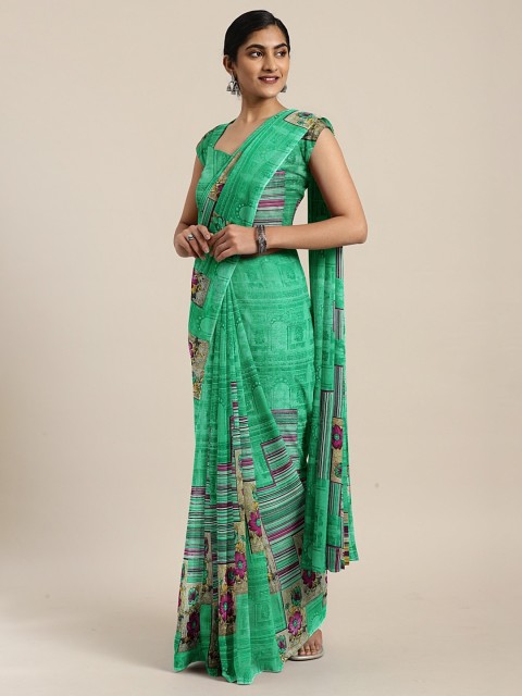 

KALINI Green & Pink Pure Georgette Printed Saree