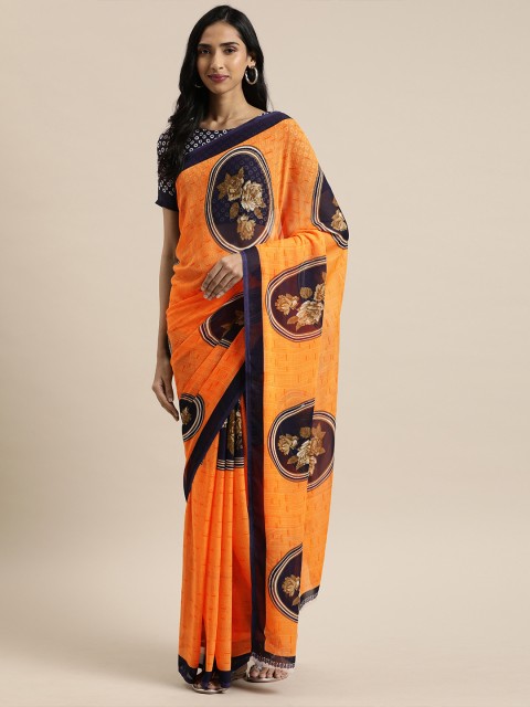 

KALINI Orange & Navy Blue Printed Pure Georgette Saree