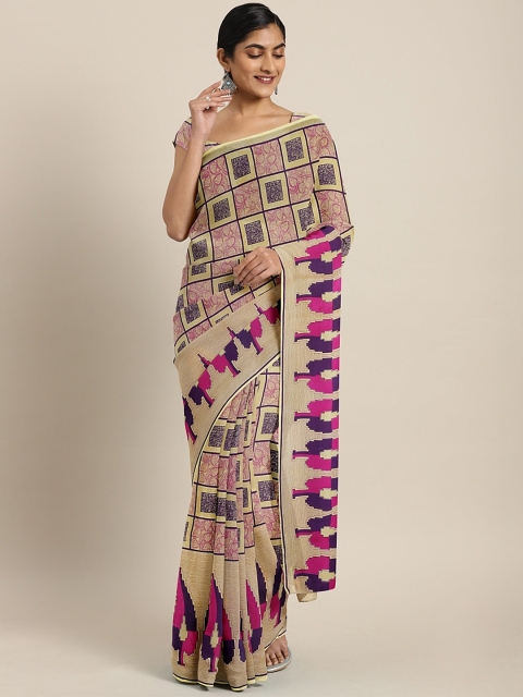 

KALINI Beige & Purple Pure Georgette Geometric Printed Saree