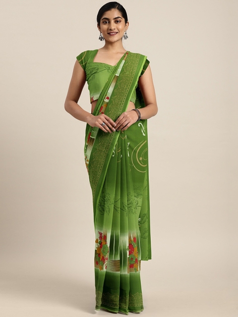 

KALINI Lime Green & White Pure Georgette Floral Printed Saree