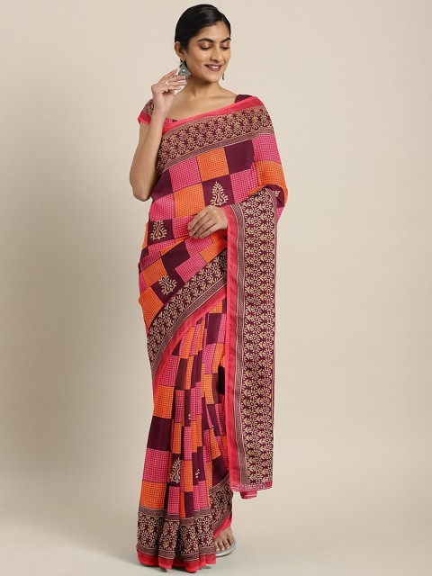 

KALINI Black & Pink Pure Georgette Geometric Printed Saree