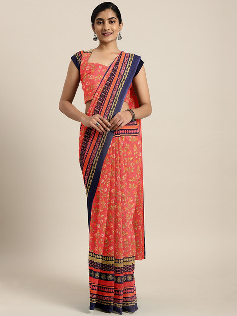 

KALINI Red & Navy Blue Pure Georgette Floral Printed Saree