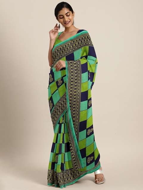 

KALINI Green & Navy Blue Pure Georgette Checked Saree