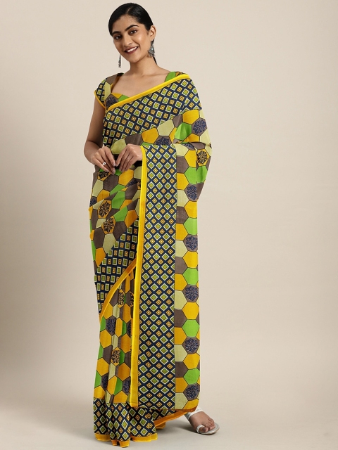 

KALINI Yellow & Black Pure Georgette Geometric Printed Saree