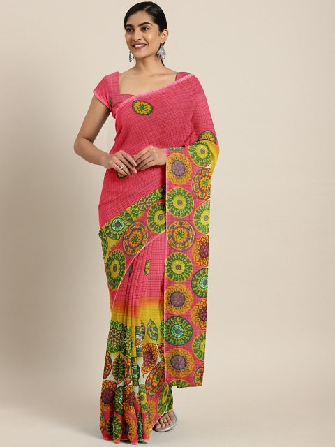 

KALINI Pink & Green Pure Georgette Ethnic Printed Saree