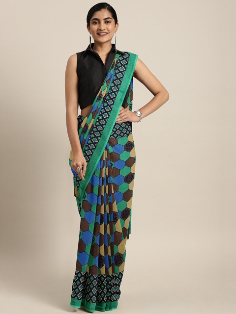 

KALINI Green & Brown Pure Georgette Printed Celebrity Saree