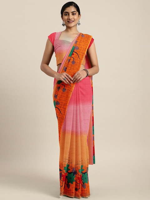 

KALINI Orange & Pink Pure Georgette Striped Saree