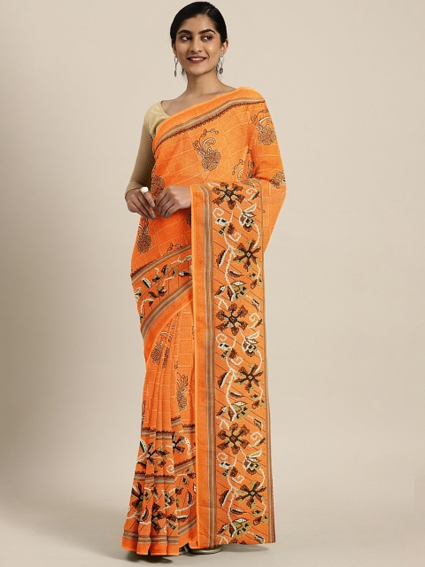

KALINI Orange & Green Pure Georgette Paisley Printed Saree