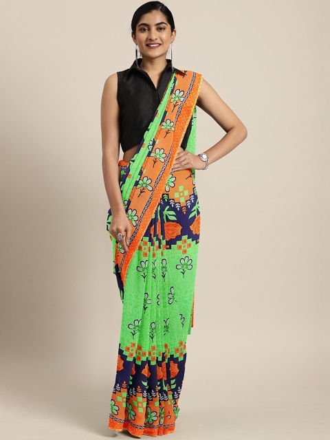

KALINI Lime Green & Orange Pure Georgette Printed Saree