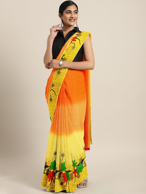 

KALINI Yellow & Orange Pure Georgette Striped Saree with Printed Border