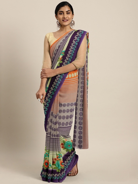 

KALINI Grey & Orange Pure Georgette Floral Printed Saree