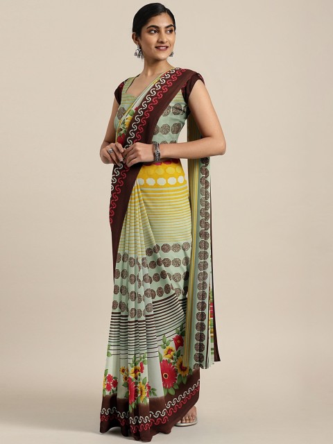 

KALINI Yellow & Coffee Brown Pure Georgette Striped Saree with Print