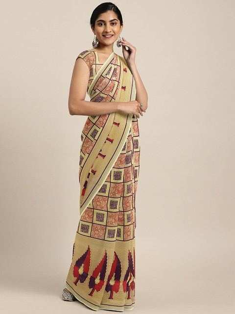 

KALINI Beige & Red Pure Georgette Printed Saree