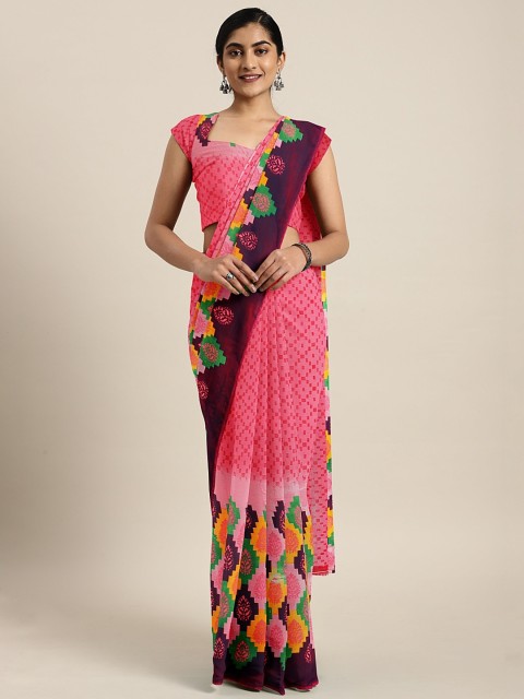 

KALINI Pink & Yellow Pure Georgette Printed Saree
