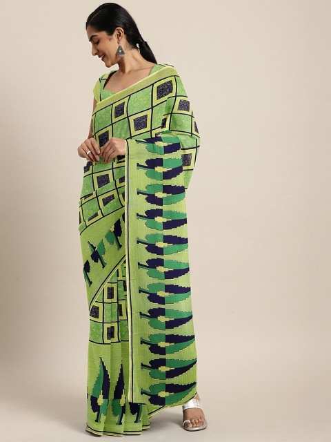

KALINI Lime Green & Navy Blue Pure Georgette Checked Saree