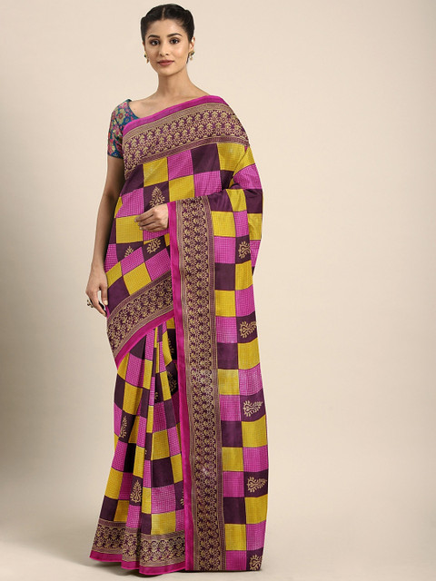 

KALINI Pink & Mustard Yellow Pure Georgette Checked Saree